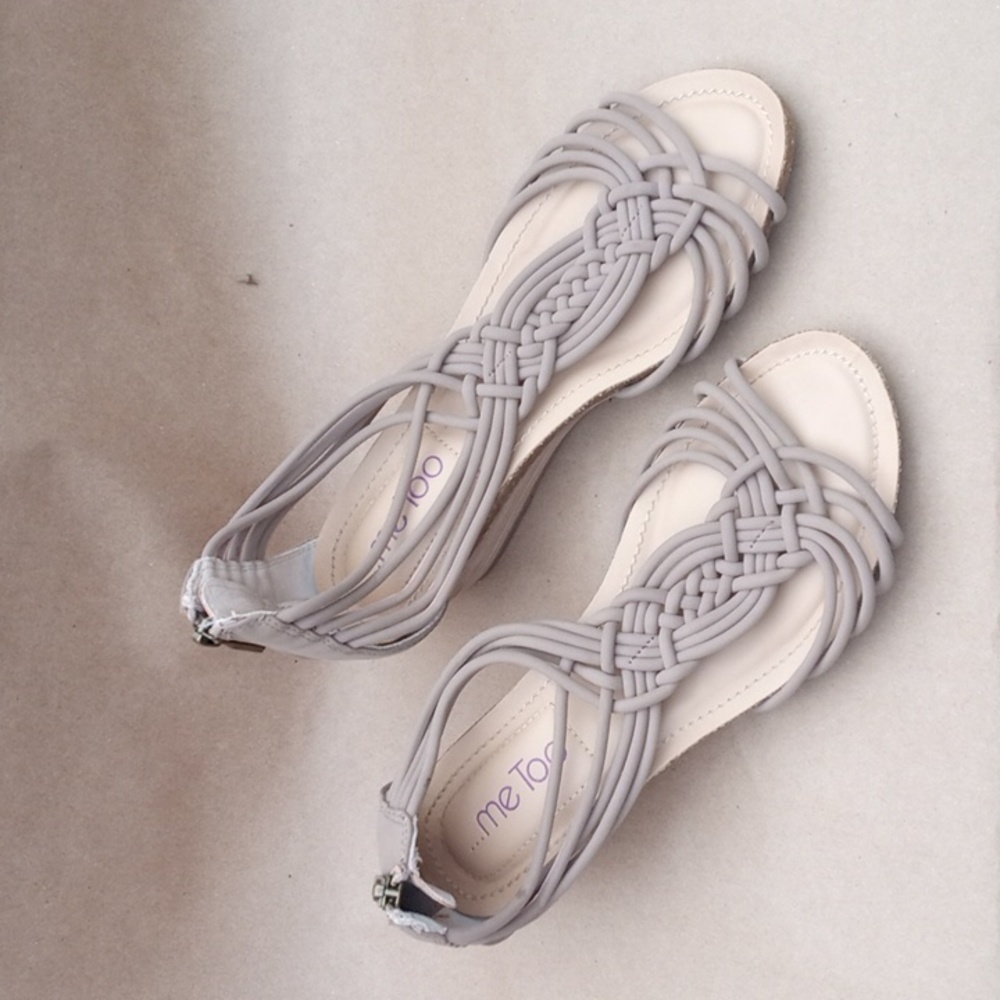 Me Too wedge sandals in nude tan taupe macrame style with zippers